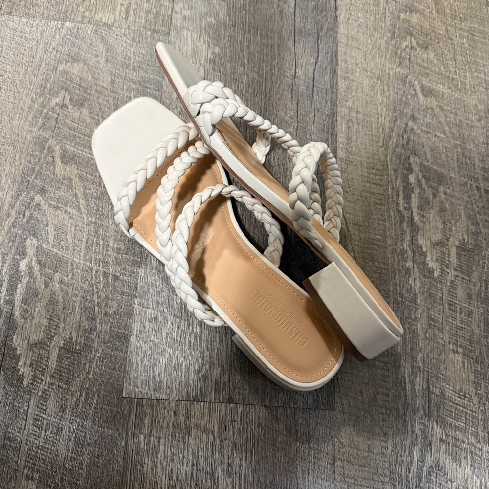 Cushionaire Braided Off White Sandals Low Block Heel